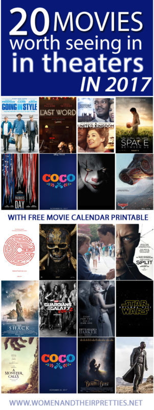 Since last year, I've mulled over the list of 2017 movies. You may have noticed my wildly popular post: Movies Based On Books Coming in 2017. I'm super excited about the potential for 2017. These are the movies I think are worth seeing in theaters this year. You're welcome to grab this movie calendar free printable for your refrigerator to keep track of these big films of 2017.