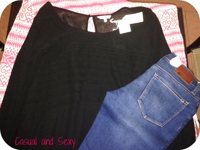 These were two of my favorite pieces of my box! These jeans were skinny and tight, but fit me just right!! I had a terrible time trying to decide if I should keep these jeans. And this top, my goodness, it is absolutely gorgeous! I ended up keeping this top because I could not turn it down. The back and sleeves are sheer and the front his frilled. I love the peep hole in the back and on the sleeves. 