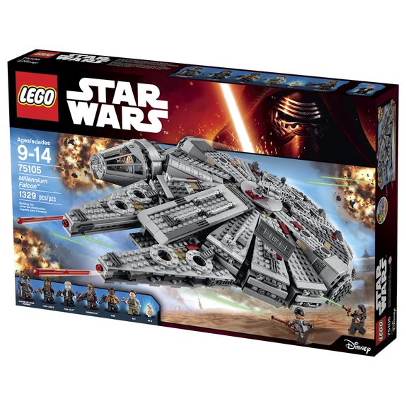 LEGO Star Wars Millenium Falcon..Licensee: LEGO.MSRP: $149.99.Available: September 4. .One of the most iconic starships of the Star Wars saga is back, and it?s leaner and meaner than ever before! As featured in exciting scenes from Star Wars: The Force Awakens, this latest LEGO® version of the Millennium Falcon is crammed with new and updated external features, including an even more streamlined and detailed design, detachable cockpit with space for 2 minifigures, rotating top and bottom laser turrets with hatch and space for a minifigure, dual spring-loaded tools, sensor dish, ramp and an entrance hatch. Open up the hull plates to reveal even more great new and updated details inside, including the main hold with seating area and holochess board, more detailed hyperdrive, secret compartment, extra boxes and cables, and storage for spring-loaded tool. And of course no LEGO Millennium Falcon model would be complete without Han Solo and Chewbacca, as well as other great characters from Star Wars: The Force Awakens. Activate the hyperdrive and set course for LEGO Star Wars fun! Includes 6 minifigures with assorted accessories: Rey, Finn, Han Solo, Chewbacca, Tasu Leech and a Kanjiklub Gang Member, plus a BB-8 Astromech Droid. 