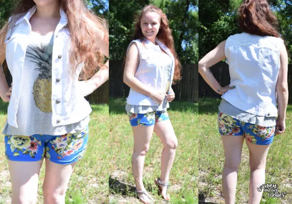 OOTD Pineapple floral shorts and white denim vest