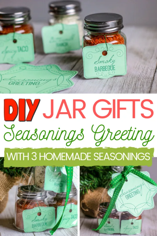 This DIY Seasonings Greeting Jar Gift idea is great for anyone who enjoys cooking. This budget-friendly gift idea includes FREE Gift Tags to print at home. #JarGifts #MasonJarGifts #GiftsInAJar