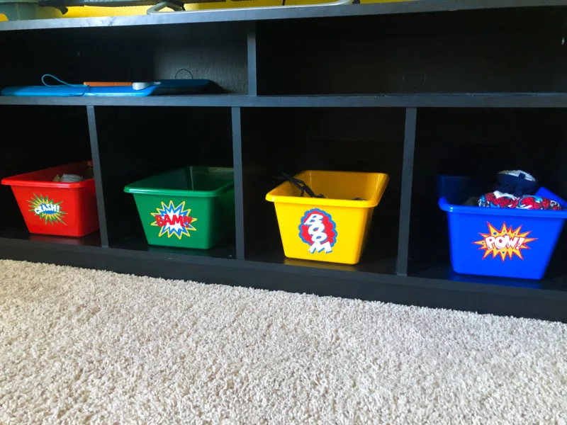 Custom Buckets in Child Superhero Room