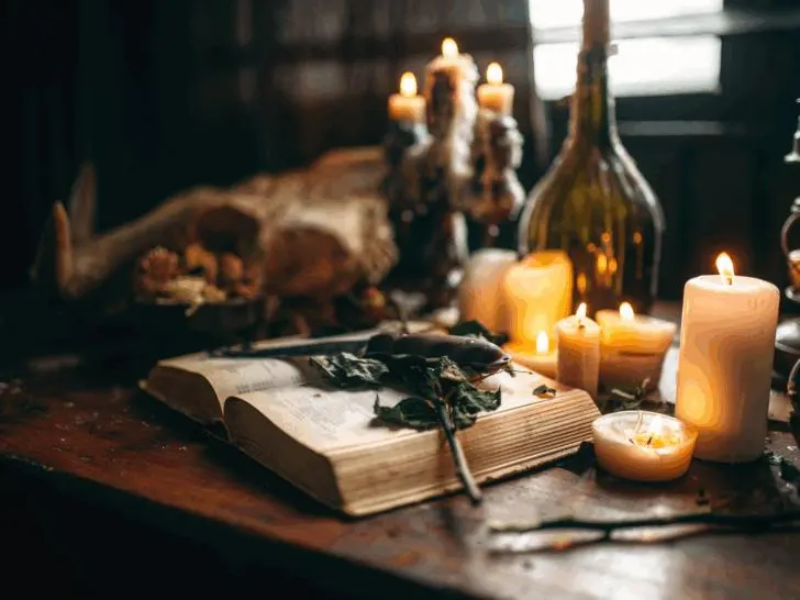 vintage open book with dried flower surrounded by candles