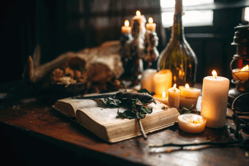 vintage open book with dried flower surrounded by candles