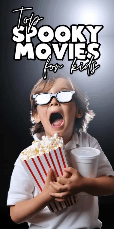 top spooky movies for kids with little boy wearing glasses screaming with popcorn