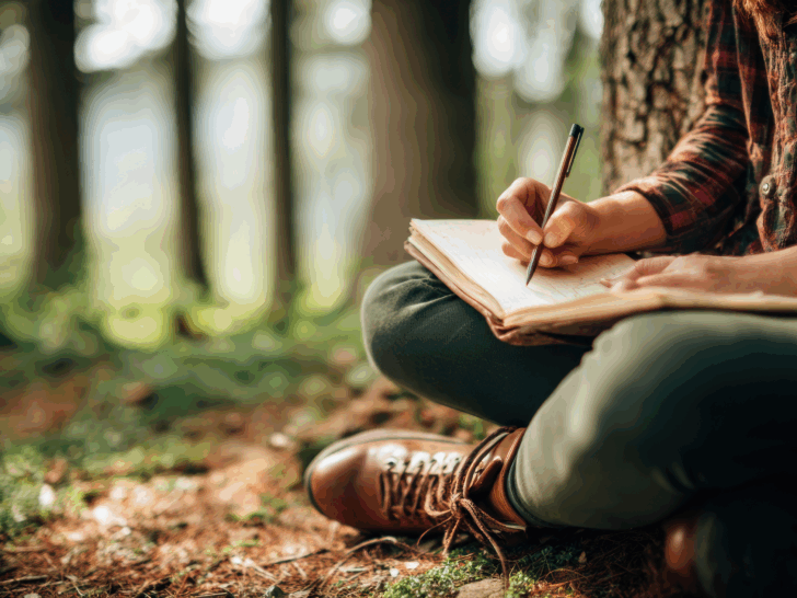 person journaling in the fall outdoors