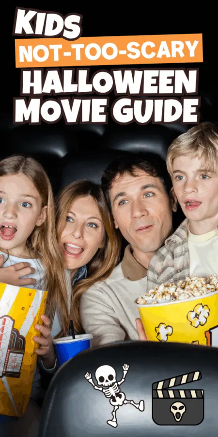 kids Halloween movie list with family eating popcorn in theater