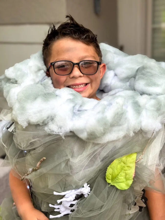 A child dressed in a cloud or storm-themed costume, featuring fake cotton clouds, plastic bugs, and a small cow hanging from the outfit, stands in front of a decorated door.