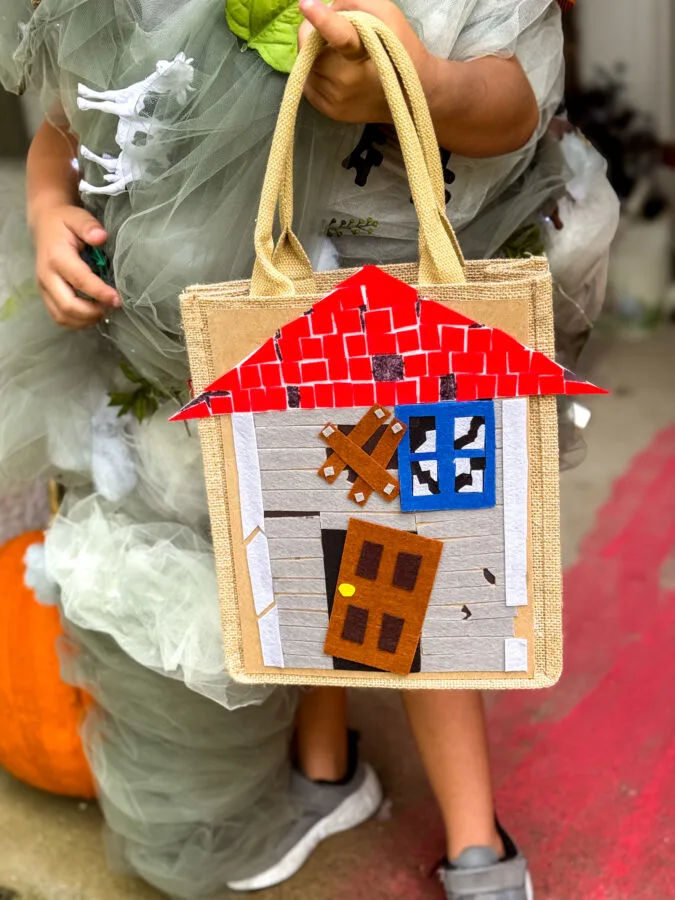 A child in a tulle costume holds a colorful felt tote bag designed like a broken house, featuring a red roof and various destruction.