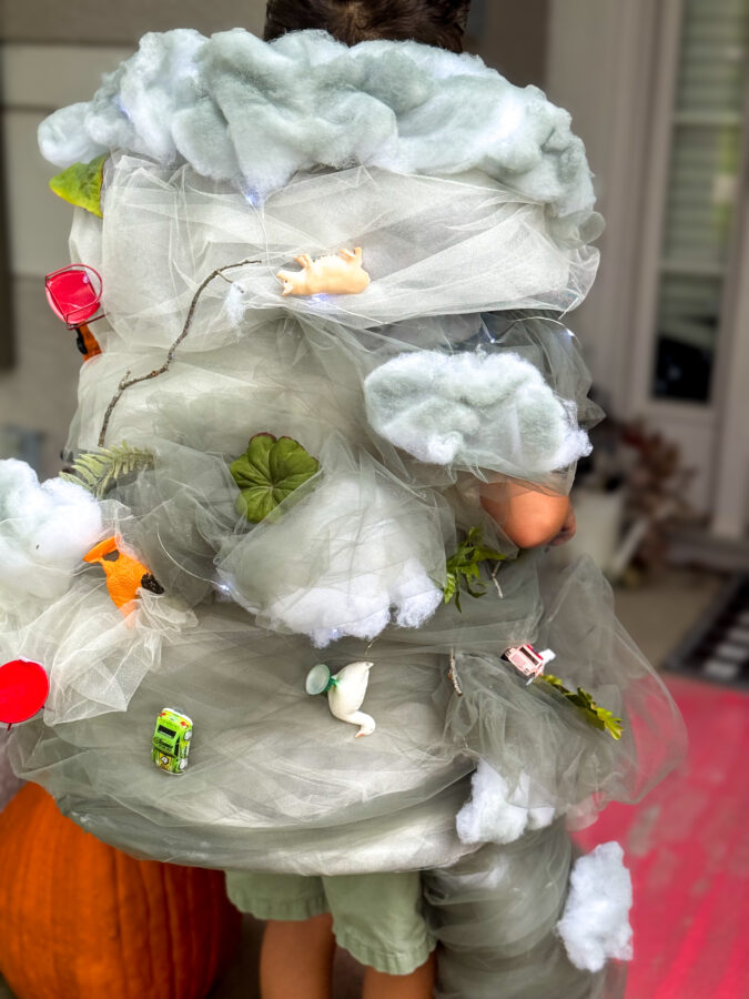 A child wearing a whimsical, tornado costume adorned with faux clouds, leaves, and toy animals, standing near a pumpkin.
