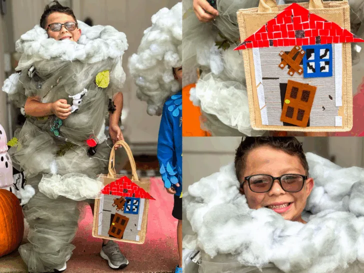 A child wearing a tornado-themed costume with toy animals and fake clouds, holding a basket decorated with a fabric house, stands near a pumpkin and Halloween decorations.